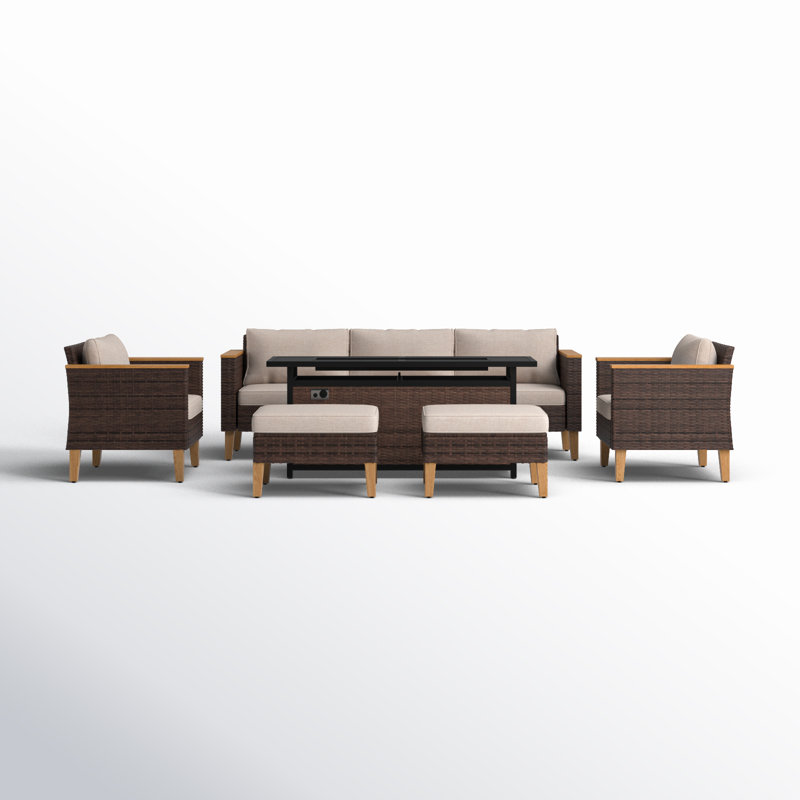 Ensemble de mobilier d'extérieur en osier 7 pièces Shutesbury, ensemble de patio modulaire avec coussins, Oui, Beige