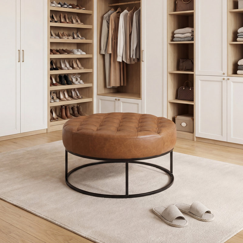 Owen Genuine Leather Round Ottoman, Brown