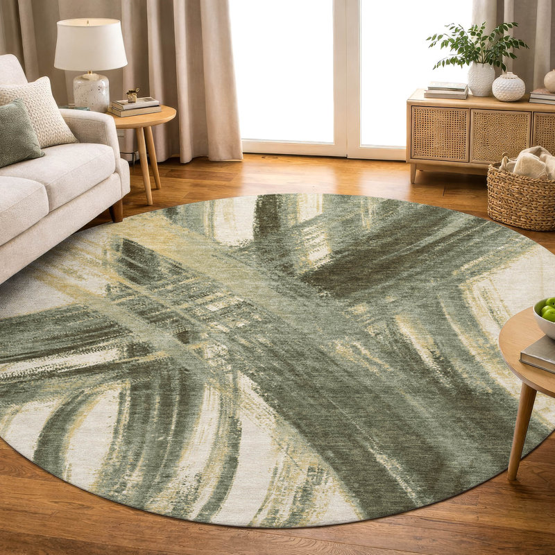 Tapis abstrait lavable à la machine de qualité supérieure Mayfield AMF2421, Olive, Rond 8 pi