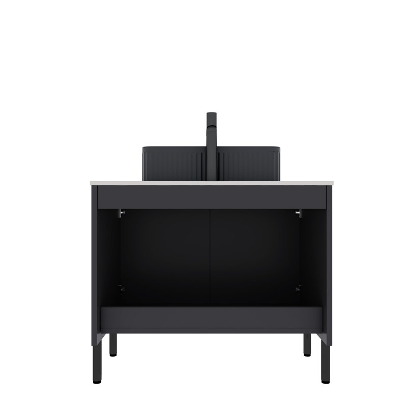 Meuble-lavabo de 30 po avec lavabo en céramique noire, comptoir blanc, autoportant, style français, système de fermeture en douceur, armoire, rangement autoportant, portes romantiques