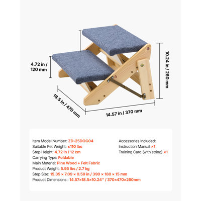 Wood Pet Stairs, 2-Step Dog Stairs for Beds, 110lbs Load Capacity, Sofa & Cars, Floded Flat Design, Stable & Sturdy Cat & Dog Step Ladder for Small Medium Large Older Pet Puppy Essentials