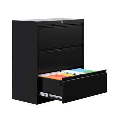 Classeur latéral verrouillable en acier à 3 tiroirs avec verrouillage anti-basculement et roulettes, cadre en acier de 1,2 mm pour rangement de documents de format lettre, légal et A4, noir