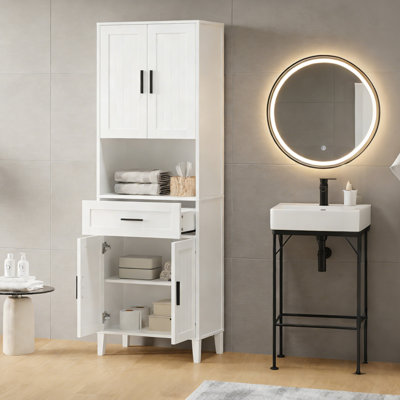 Freestanding Tall Bathroom Storage Cabinet With Drawer, 2 Cabinets, 4 Soft-Close Doors, And Open Storage Organizer