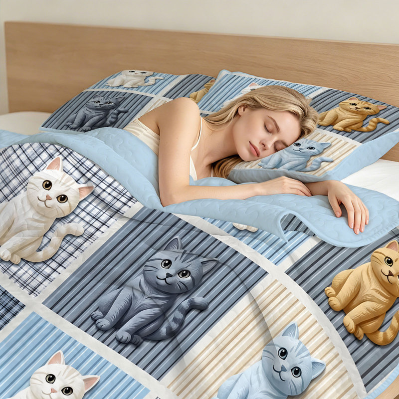 3-Piece Plaid Kitten Patchwork Quilts Sets Queen Size,Pet Bedspread with 2 Shams,Soft Reversible Coverlet Bedding Sets