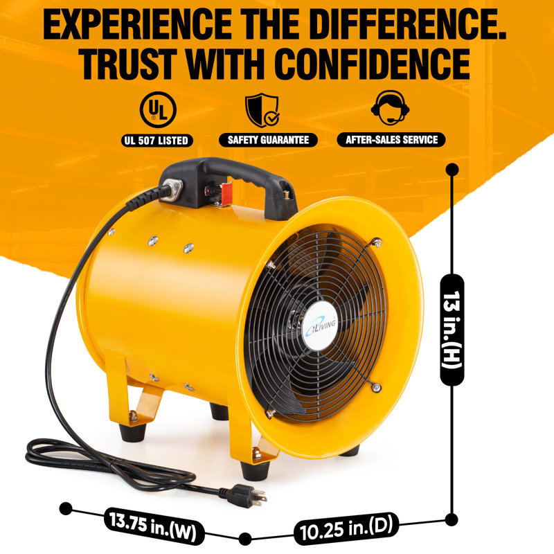Ventilateur utilitaire haute vitesse iLIVING, extracteur de fumée, ventilateur portatif d'évacuation et de ventilation, ventilation avec 2720 pi³ / min, 3450 tr / min, jaune