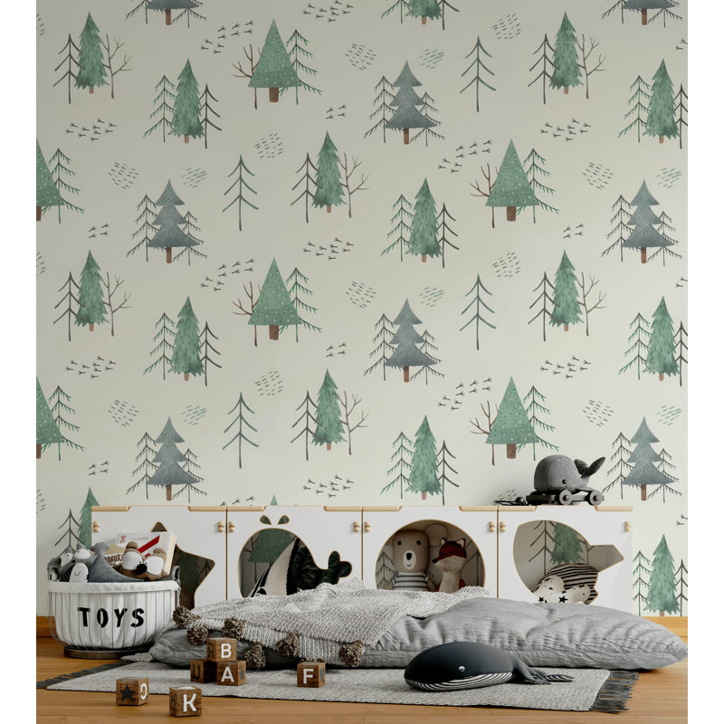 Papier peint amovible à motif de peuplier et de palmier pastel, L 105,96 po x l 187 po