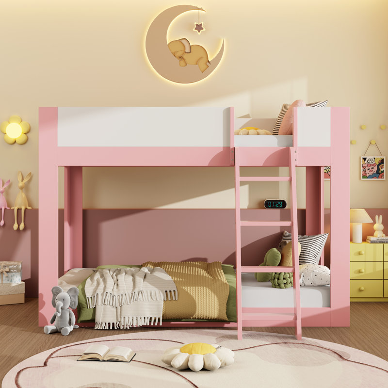 Lit superposé en bois avec échelle réversible, garde-corps et lattes, Twin, Rose / blanc