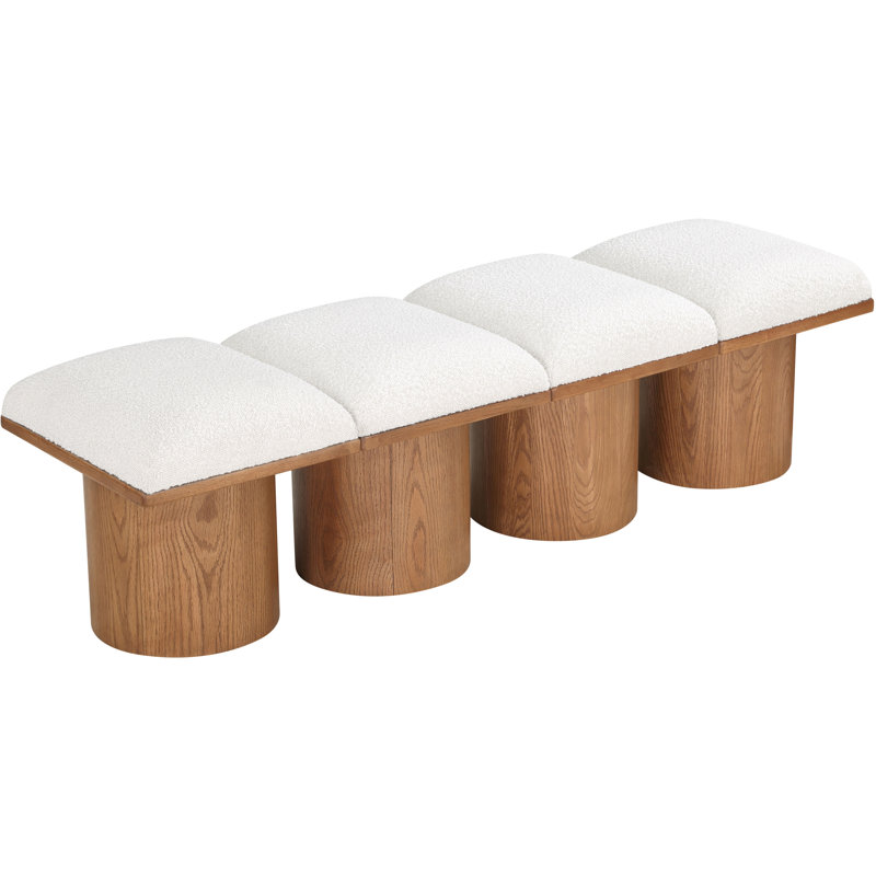 Banc rembourré Horatia, Tissu crème bouclé, Noyer brun, H 17,5 po x l 72 po x P 15,5 po