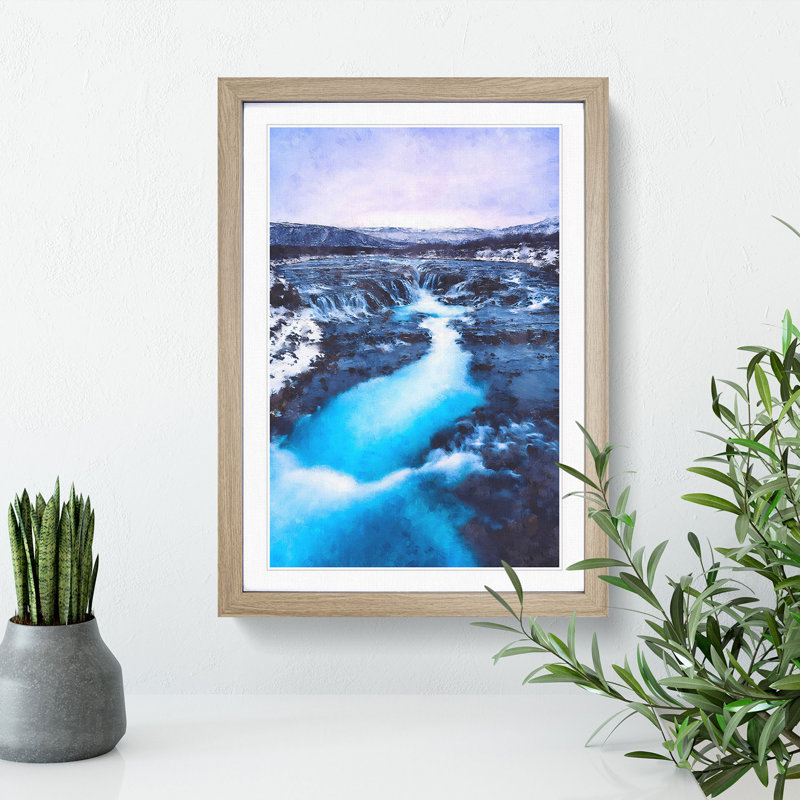 Winter Waterfall in Iceland - Picture Frame Painting, Oak Framed, 65cm H x 48cm W x 2cm D