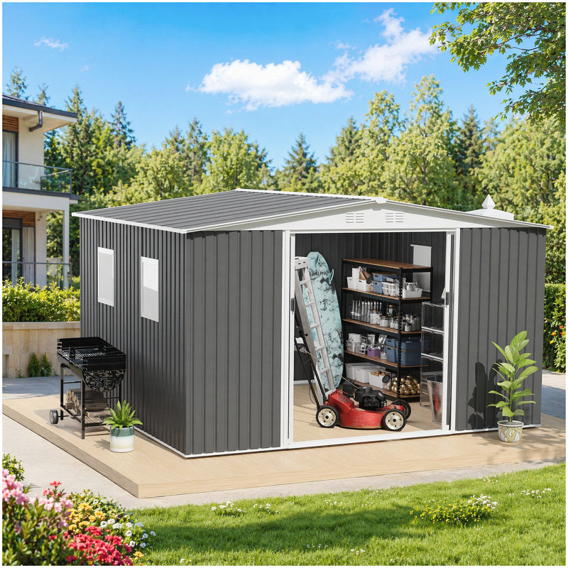 Remise de jardin 12 x 10 pi en métal avec porte coulissante et 4 fenêtres avec toit Apex