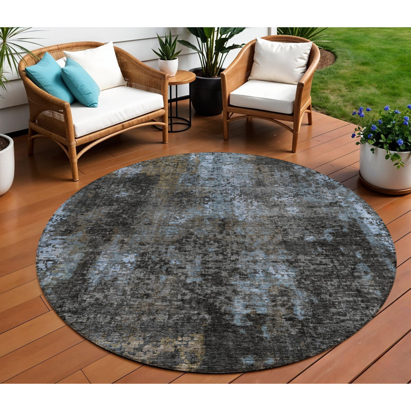 Tapis extérieur rond lavable abstrait gris anthracite 8 pi Graphite
