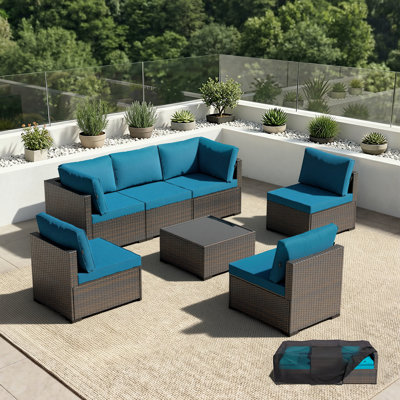  Ensemble de mobilier de patio - toutes saisons - ensemble de conversation d'extérieur 7 pièces, canapé modulaire en osier et rotin pour cour, jardin, bord de piscine, balcon, porche, patio, brun / kaki