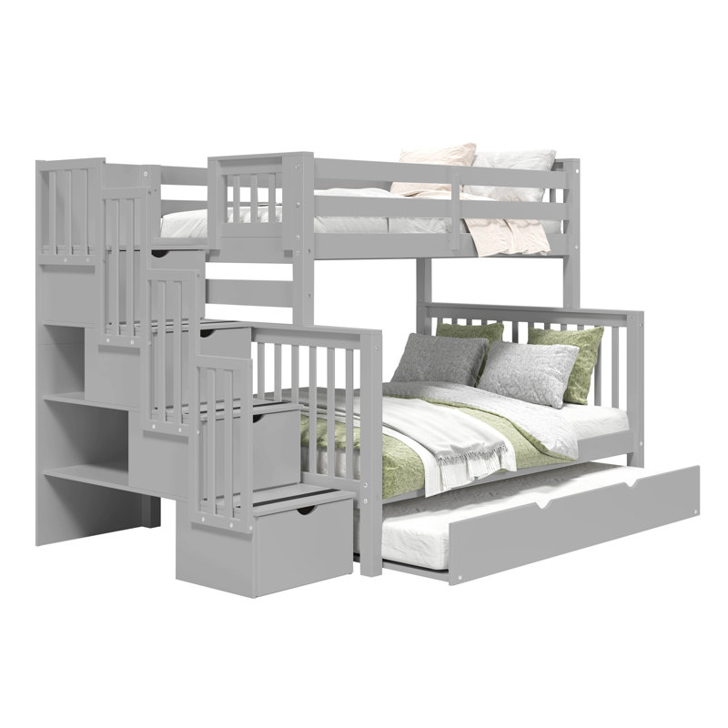 Tena Solid Wood Standard Stairway Bunk Beds Twin over Full, 4 Drawers in the Steps, Full Trundle, Gray, Gray