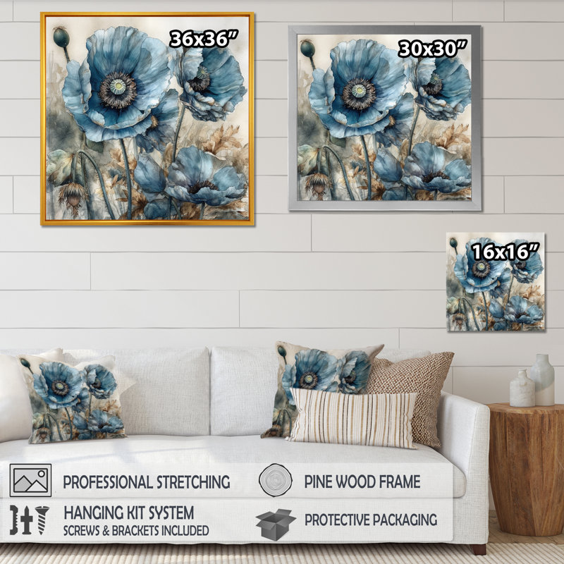 «Blue Poppy Serenity» sur impression sur toile, Cadre simple noir, H 30 po x l 30 po x P 1 po