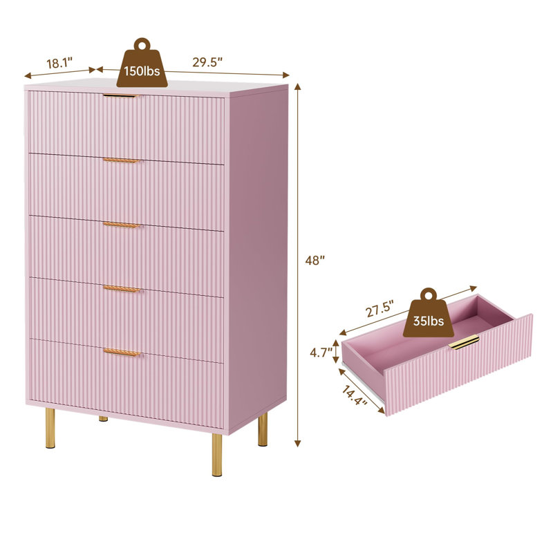 Commode rose à 5 tiroirs pour chambre à coucher avec poignée dorée et grand tiroir rose, Rose