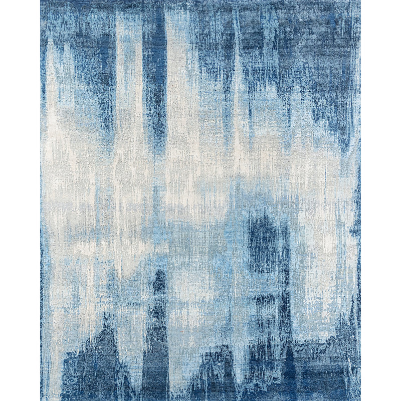 Tapis bleu et bleu clair de haute qualité noué à la main, Rectangle 168 po x 120 po