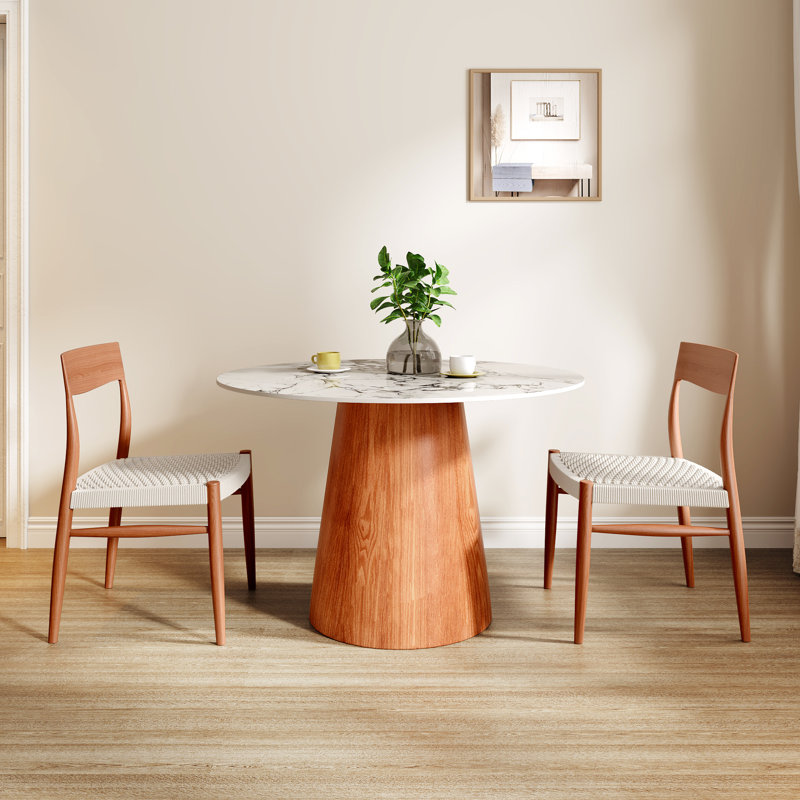 Edward Rubberwood Dining Table with Sintered Stone Top, 29.52" H x 39.37" L x 39.37" W, White Ink, Brown