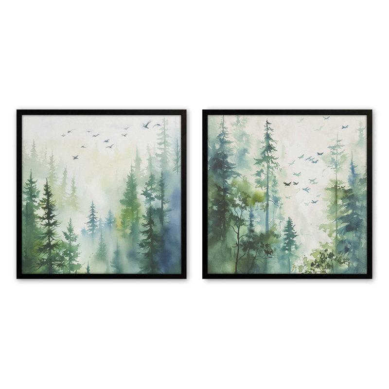 «Woodland Birds In Mist», Noir satiné, H 17,75 po x l 17,75 po