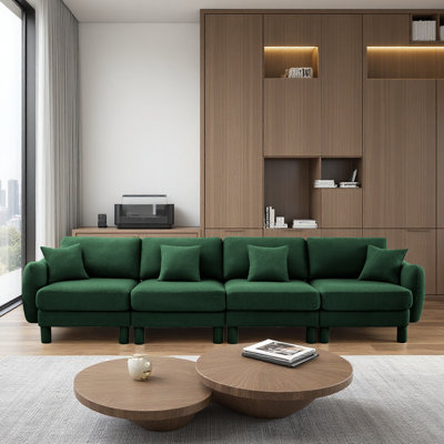 Boucle Fabric 4-Seater Sofa Couch With Distinctive Shell-Shaped Armrests,Cylindrical Legs Wrapped With Self-Fabric
