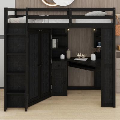 Functional Loft Bed with Integrated Storage Wardrobe, Desk, Keyboard Tray & Charging Ports