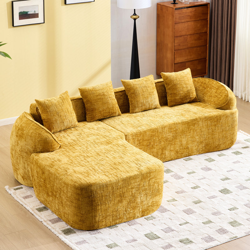 Chenille jaune en forme de L avec éponge à haute élasticité, coussins décoratifs courbés et quatre, couleur douce, stable, petit volume comprimé pour le déplacement, siège mi-doux, s'adapte au mur, à la chambre à coucher