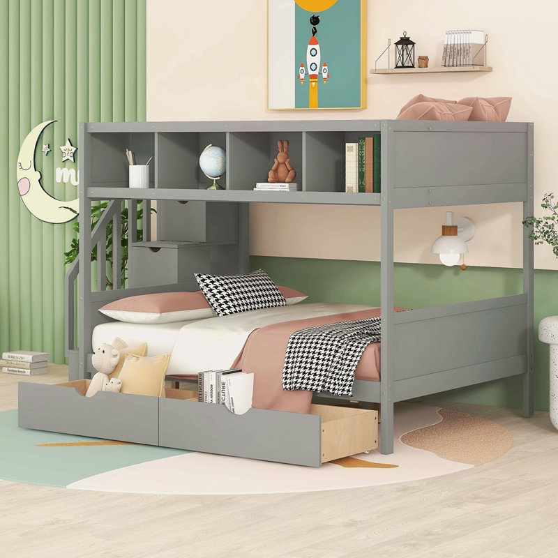 Lit superposé simple au-dessus de double avec tablettes, escalier de rangement et 2 tiroirs, Gris