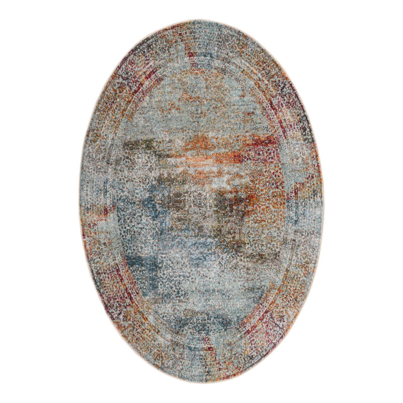 Folmar Abstract Ivory/Blue/Red Area Rug, Oval 4'3" x 6'1"