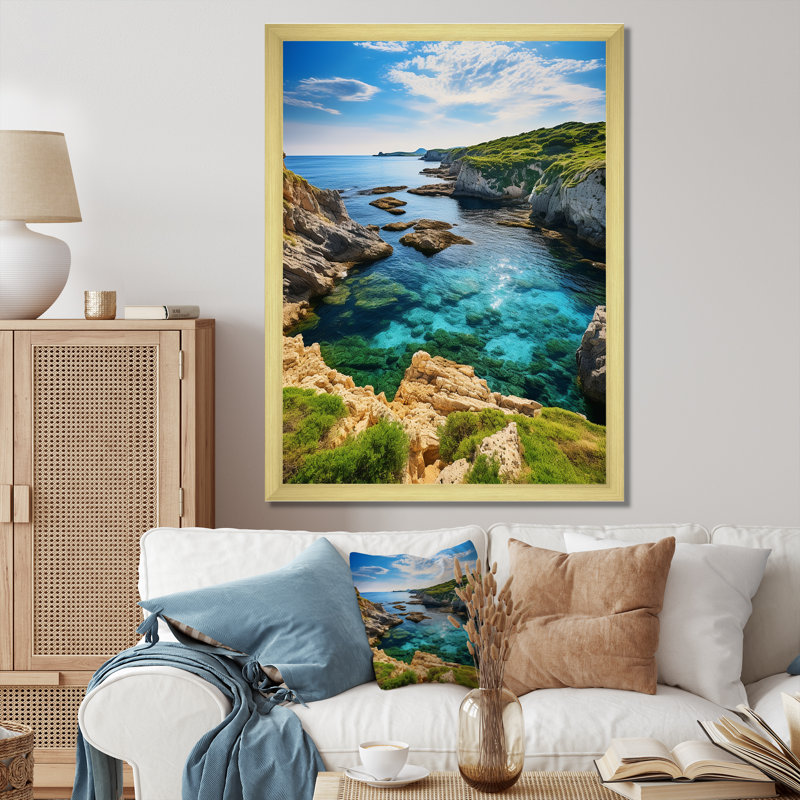 Espagne sérénité côtière à Menorcain - Décoration murale nautique et plage, H 32 po x l 16 po x P 1 po, Encadrement doré