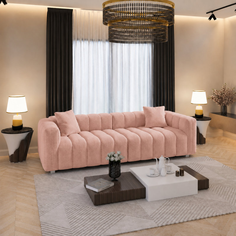 87" Modern Velvet Upholstered Sofa with Low Backrest, 3-Seater Couch, Pink