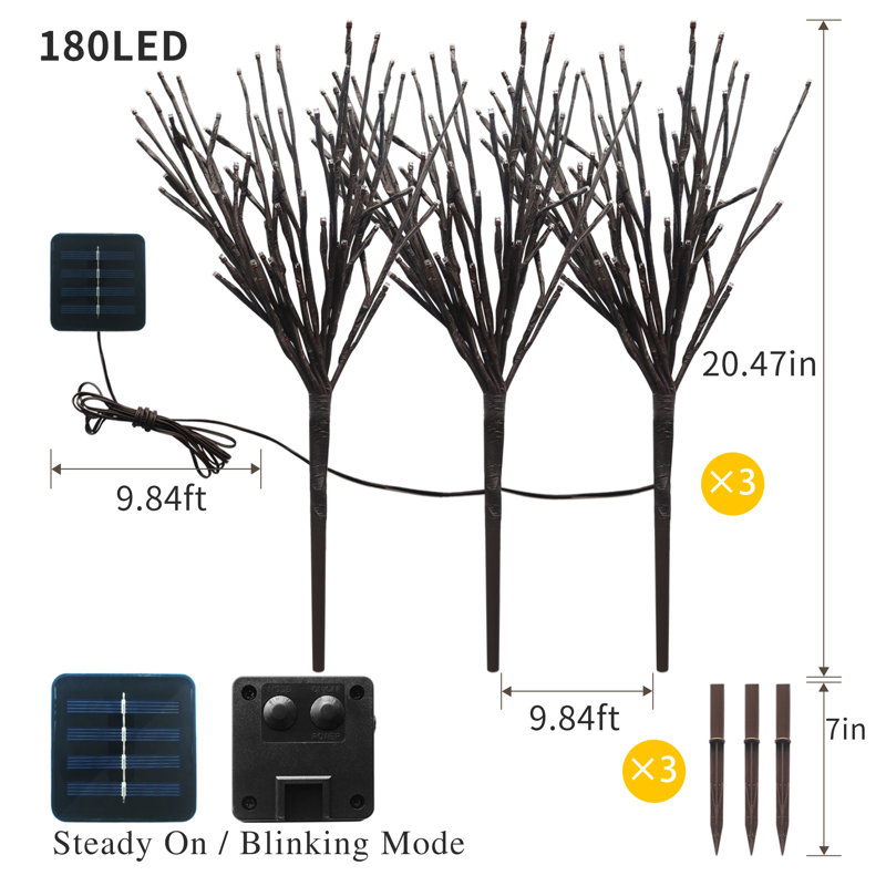 Brown Branches LED Solar Powered Pathway Light 3Pack for Doorway Yard Decoration