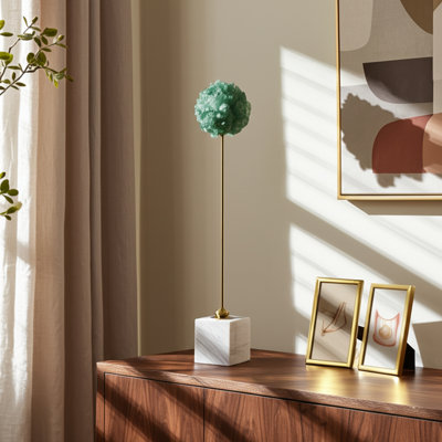 Elegant Metal Orb Statue with Stone Base for Home Decor - Modern Sculpture Object Accent for Office Styling or Living Room Decoration - Green & Gold