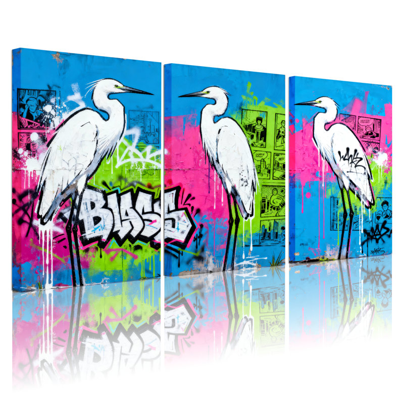 Ensemble de 3 tableaux muraux sur toile tendue, style graffiti héron, H 24 po x l 48 po