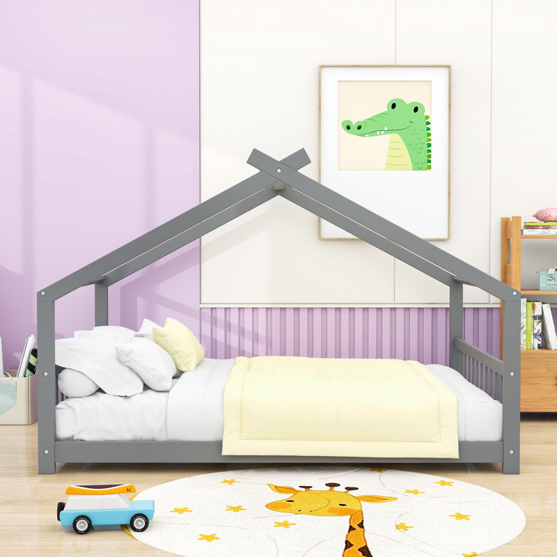 Charmant lit en bois avec toit, Double, Gris