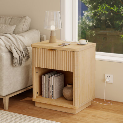 Rhythm Nightstand with Charging Station, Fluted Wood Bed Side Table with 1 Drawer Storage, 15"D x 19.7"W x 23.6"H, Natural