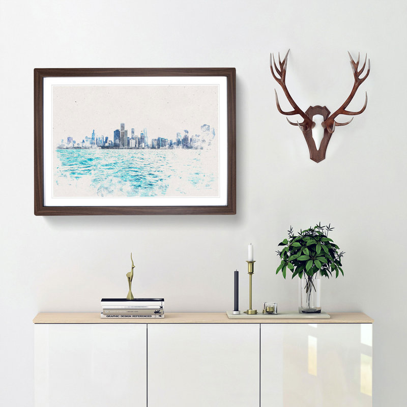 Cloudy Day in Chicago Illinois 1 Piece Single Picture Frame Painting on MDF, 62cm H x 87cm W x 2cm D, Walnut Framed