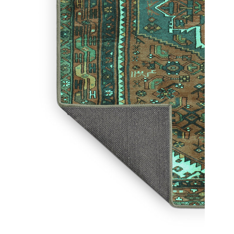 Tapis oriental fabriqué à la machine en vert / brun, Rectangle 2 pi x 3 pi