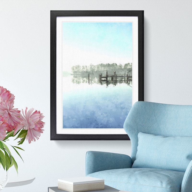 Trees Reflecting in a Lake in North Carolina - Picture Frame Painting Print, Black Framed, 33cm H x 24cm W x 2cm D