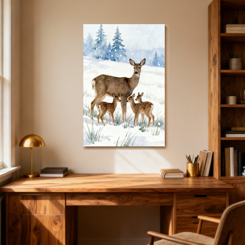 Animaux, hiver, cerf, famille, paysage enneigé, aquarelle, H 18 po x l 12 po