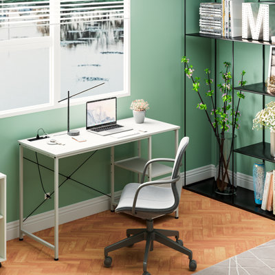 Desk with Shelves, Small Computer Desk with Charging Station, Study Table, Writing Desk, Bedroom Desk with Metal Frame, Rustic Small Office Desk for Home, Walnut