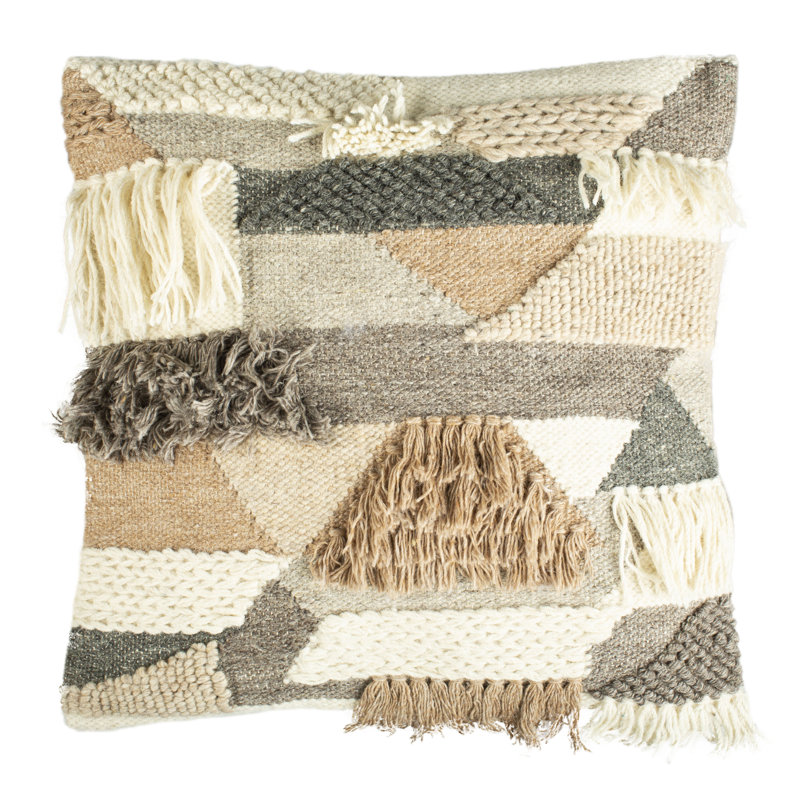 Gray and Ivory Geometric Wool Fringe Throw Pillow