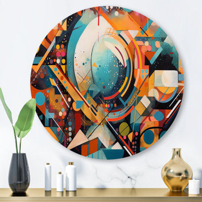 Orange et bleu, vibrations géométriques IV - art mural rond abstrait géométrique sur métal