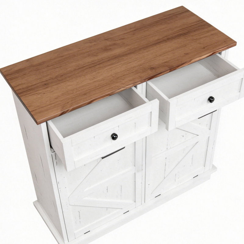 Armoire à poubelles et recyclage à double ouverture basculante de 100 cm avec 2 tiroirs, 2 bacs de 38 litres, rangement pour cuisine et buanderie de style campagnard (bacs non inclus)