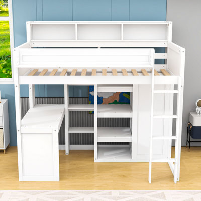 Lit mezzanine simple en bois avec tablettes de rangement, garde-robe et bureau
