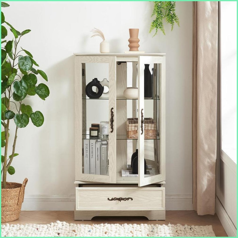 Curio Display Cabinet with LED Lights Adjustable Shelves 2 Doors 1 Drawer American Retro White | MDF+Glass, White