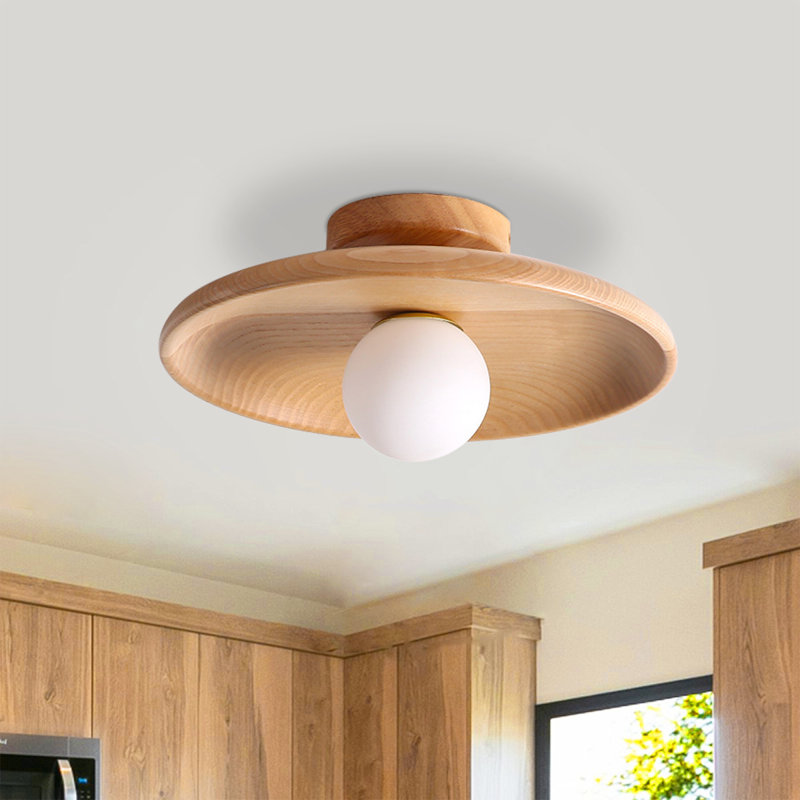 Natural Wood Semi-Flush Mount Light  for Bedroom Corridor Hallway, 4.72" H x 11.02" W x 11.02" D