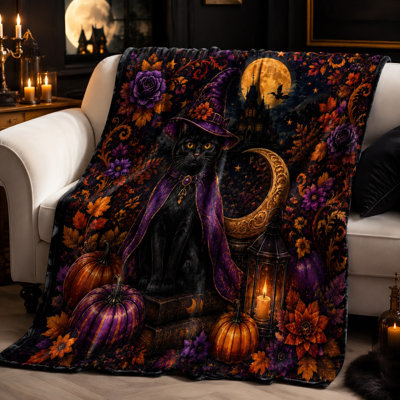 Cosy Halloween chat sorcière chapeau citrouille pleine lune jeté en peluche pour canapé-lit lit chambre salon décoration