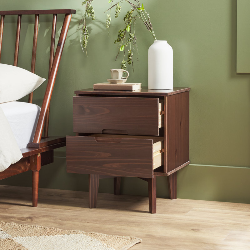 Solid Wood Groove Handle 2-Drawer Nightstand, Walnut