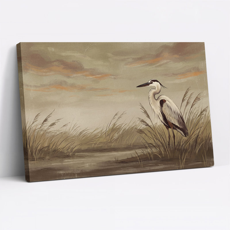 Heron debout dans de hautes herbes, tons de terre, art mural d'Halloween, 12"H x 18"W