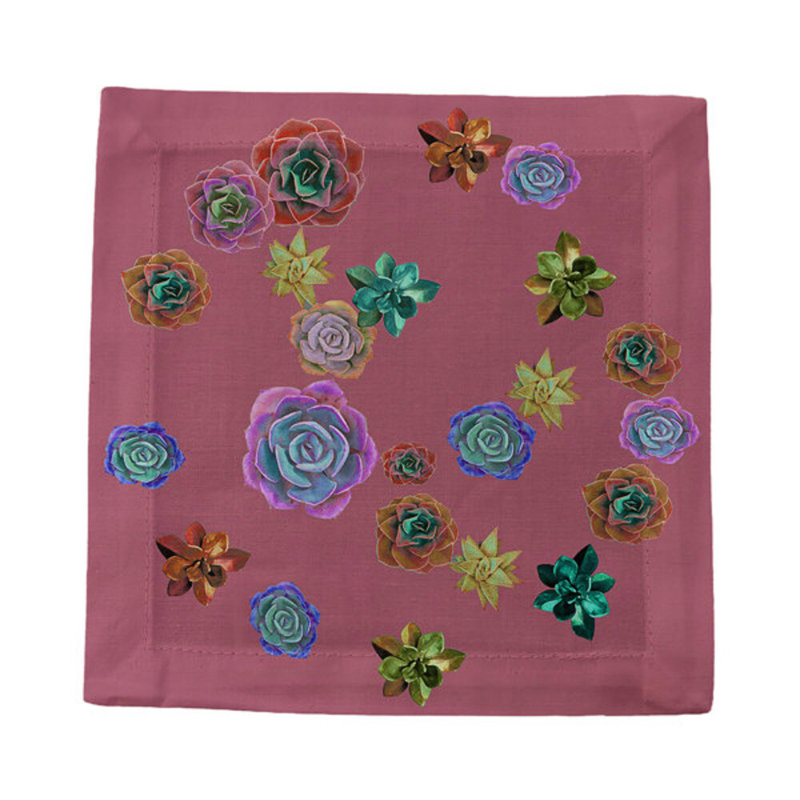 Succulents Floating Cotton Sateen Cocktail Napkins, Mauve