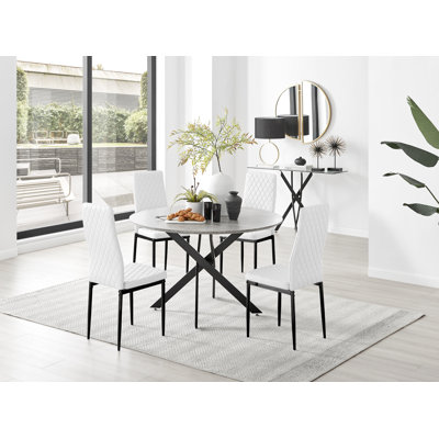 Tierra Modern Chrome Metal & Glass Round Dining Table Set with Quilted Faux Leather Chairs